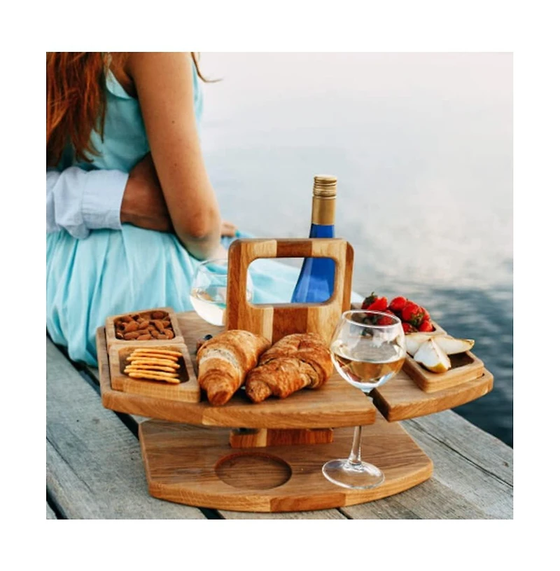 gaomon Portable Wooden Picnic Table for Outdoor Use – Removable Wine Glass Holder – Snack Serving Tray – Carrying Handle for Easy Transport Wood