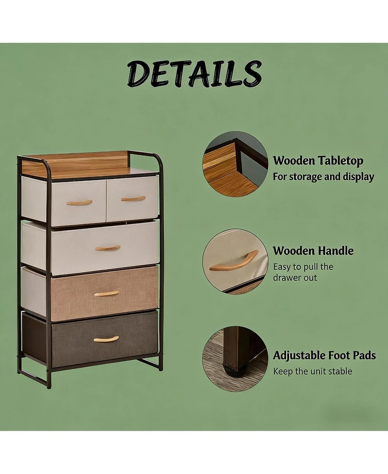 Rainsken 5-Drawer Dresser, Fabric Chest of Drawers, 4-Tier Storage Organizer with Foldable Drawers and Open Shelves for Bedroom and Living Room