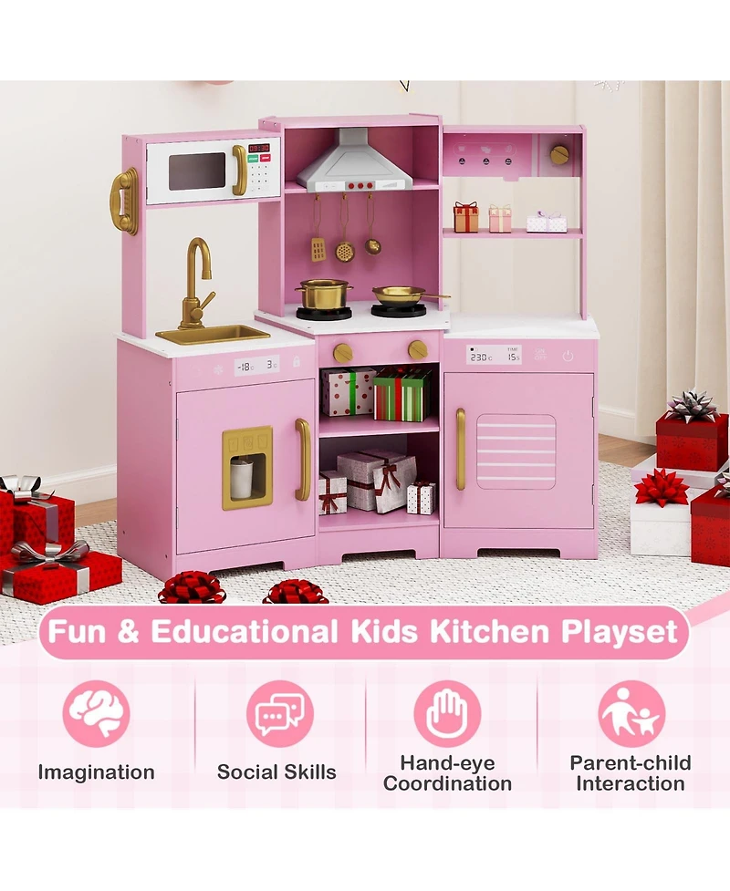 Mecale Pretend Play Kitchen Wooden Toy Set with Range Hood, Realistic Lights & Sounds