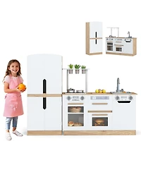 Mecale Wooden 2-Piece Kids Kitchen Playset with Fridge & Running Water for Interactive Play