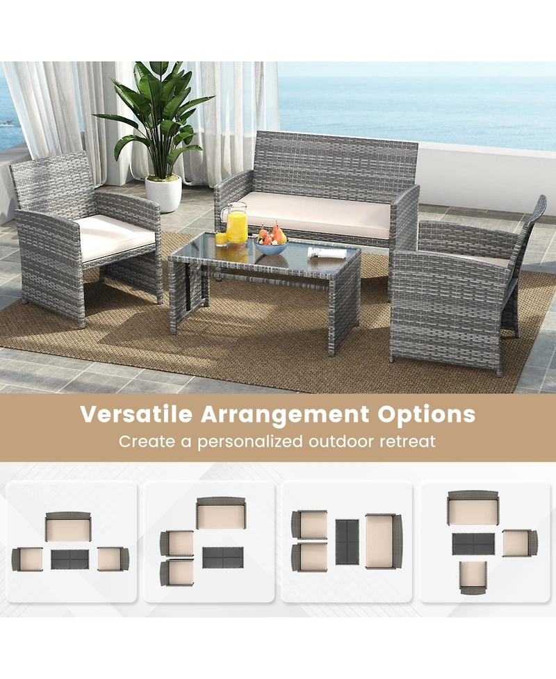 Gymax 4PCS Patio Outdoor Conversation Set w/Seat Cushions & Tempered Glass Tabletop