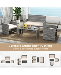 Gymax 4PCS Patio Outdoor Conversation Set w/Seat Cushions & Tempered Glass Tabletop