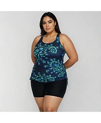 Calypsa Plus Maya Tankini Swim Top With Built-In Bra and Black Mid-Thigh Shorts