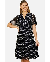 Yumi Women's Dot Print Mesh Stretch Midi Skater Dress