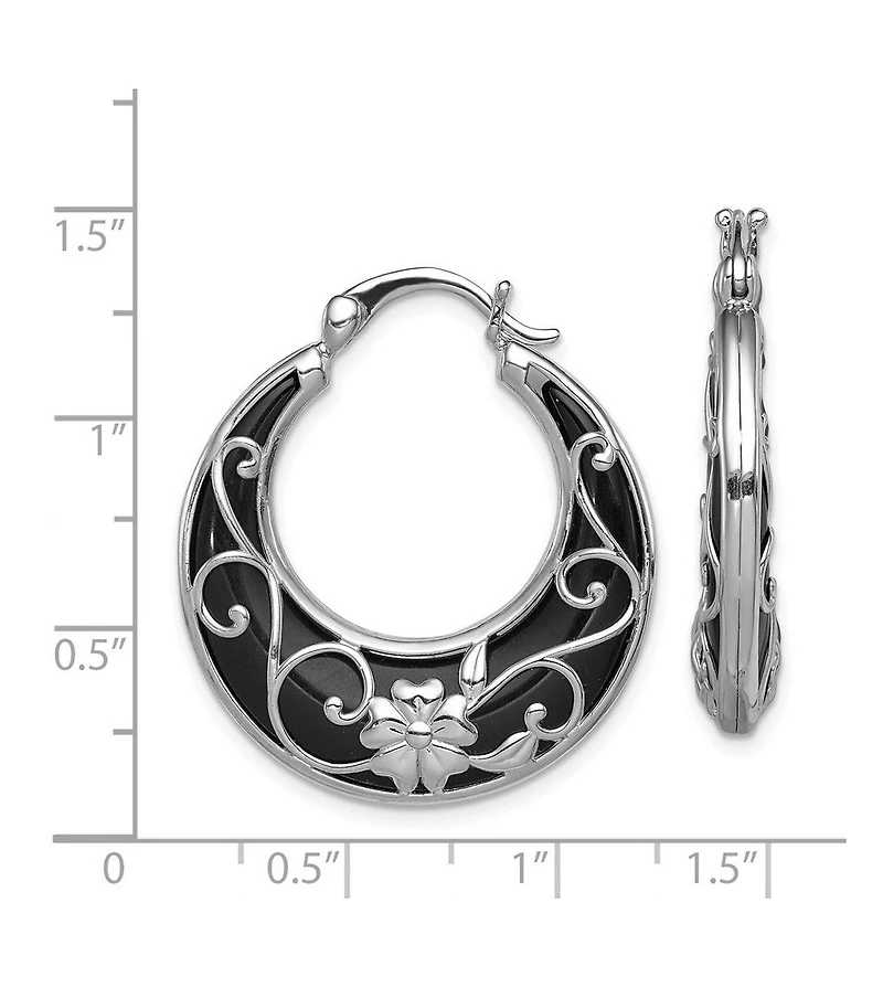 Curata Jewelry Sterling Silver Rhodium-Plated Black Onyx Filigree Boho Hoop Earrings