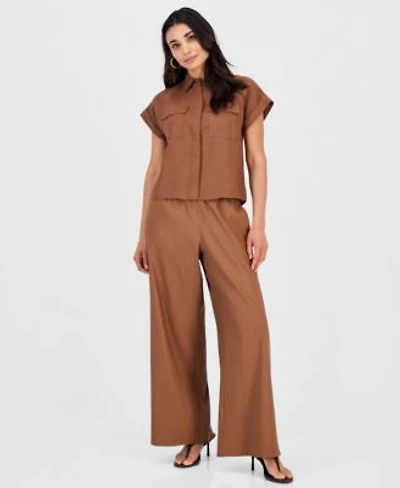 I.N.C. International Concepts Petite Linen Blend Short Sleeve Button Front Shirt High Rise Wide Leg Pants Macys Exclusive