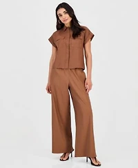 I.N.C. International Concepts Petite Linen Blend Short Sleeve Button Front Shirt High Rise Wide Leg Pants Macys Exclusive
