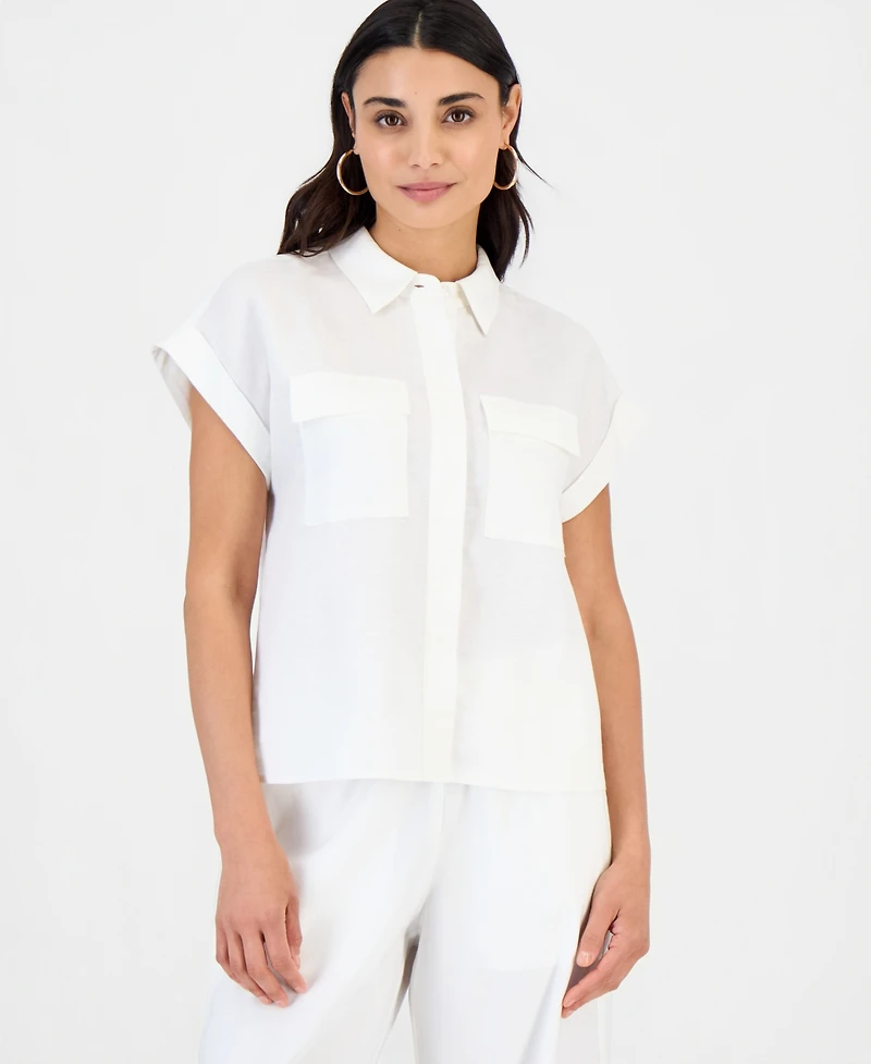 I.n.c. International Concepts Petite Linen-Blend Short-Sleeve Button-Front Shirt, Exclusively at Macy's