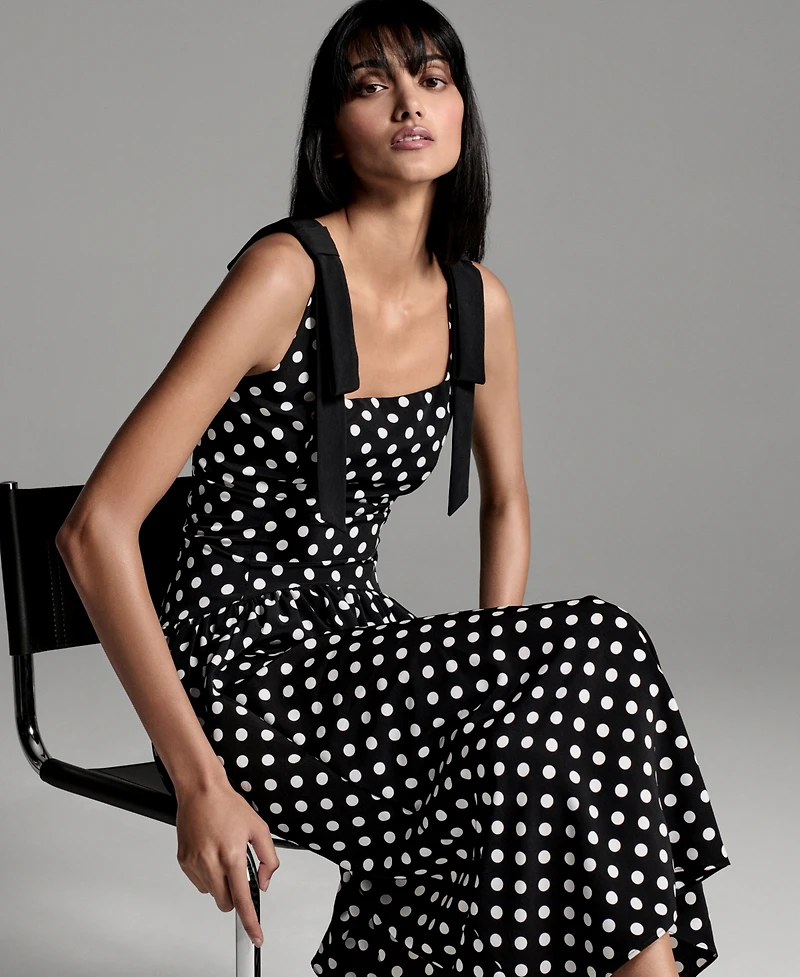 Karl Lagerfeld Paris Women's Sleeveless Polka Dot Bow Strap Midi Dress