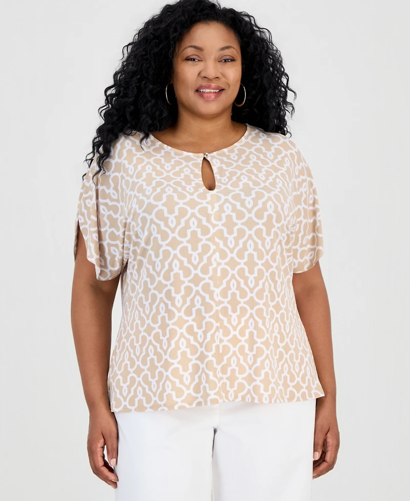Jm Collection Plus Lattice-Print Keyhole Dolman-Sleeve Top, Macy's Exclusive