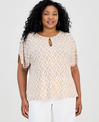 Jm Collection Plus Lattice-Print Keyhole Dolman-Sleeve Top, Macy's Exclusive