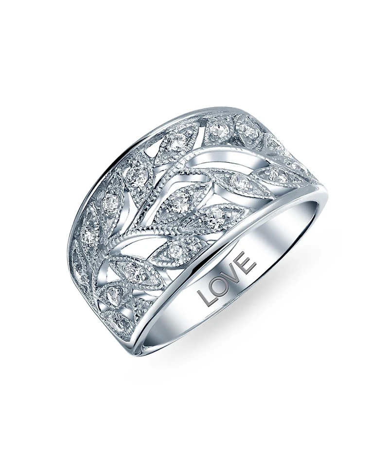 Bling Jewelry Pave Cubic Zirconia Open Filigree Wide Leaves Leaf Band Ring Sterling Silver
