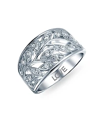 Bling Jewelry Pave Cubic Zirconia Open Filigree Wide Leaves Leaf Band Ring Sterling Silver
