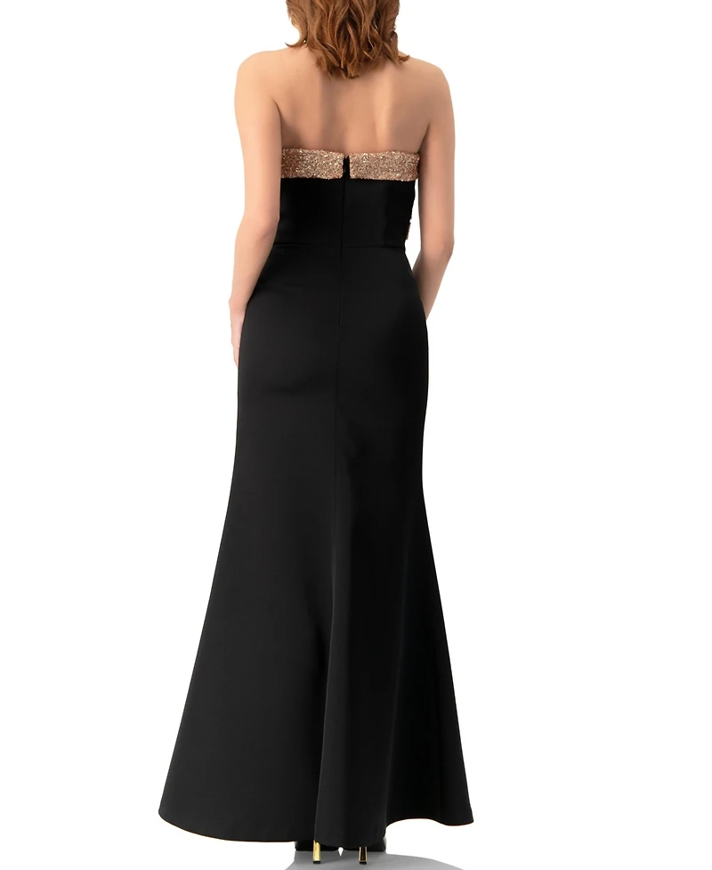 Ivonne Women's Long Strapless Dress with Sequin Bow