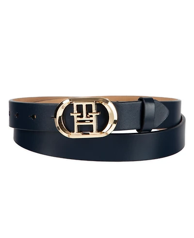 Tommy Hilfiger Women's Rounded Monogram Plaque Buckle Dress Belt