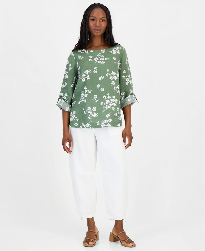 Charter Club Petite 100% Linen Cuffed Top, Created for Macy's