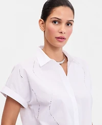 I.n.c. International Concepts Women's Short-Sleeve Rhinestone Embellished Tie Waist Blouse, Macy's Exclusive