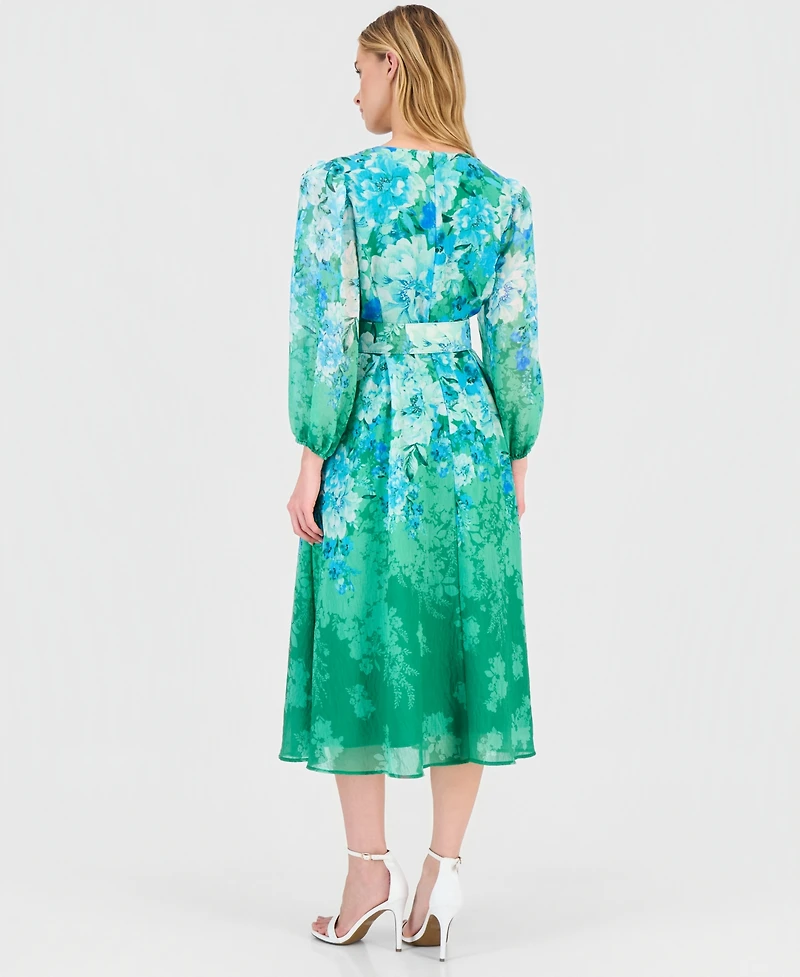 Tahari Asl Women's Printed Long-Sleeve Belted Dress