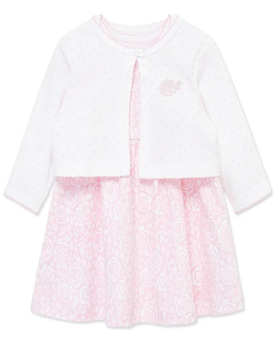 Little Me Baby Girls' Rose Printed Dress, Cardigan and Diaper Cover, 3-Piece Set
