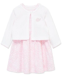 Little Me Baby Girls' Rose Printed Dress, Cardigan and Diaper Cover, 3-Piece Set