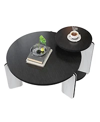 Streamdale Furniture 32.68" & 16.93" Round Coffee/End Table Set - Black Oak Veneer, Sintered Stone Legs
