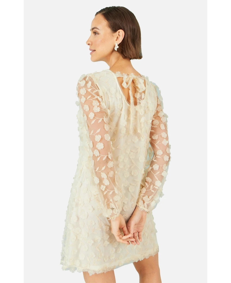 Yumi Women's Long Sleeve Floral Applique Tunic Dress