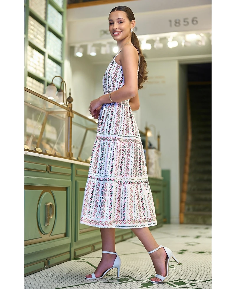 Yumi Women's Botanical Stripe Lace Trim Midi Dress