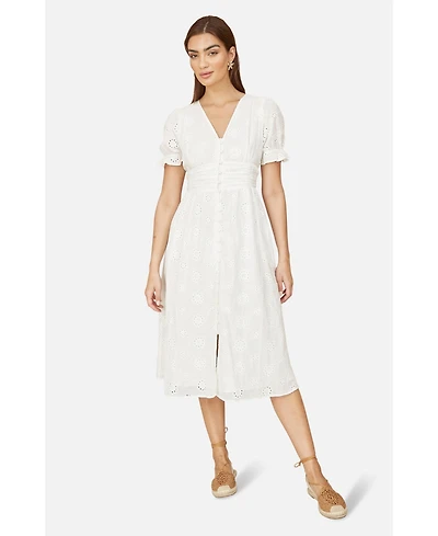 Yumi Women's Broderie Anglaise Midi Button Up Dress