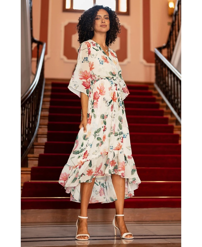 Yumi Women's Floral Dip Hem Kimono Wrap Dress