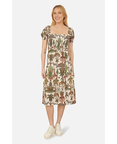 Yumi Women's Cotton Safari Print Ruched Midi Dress