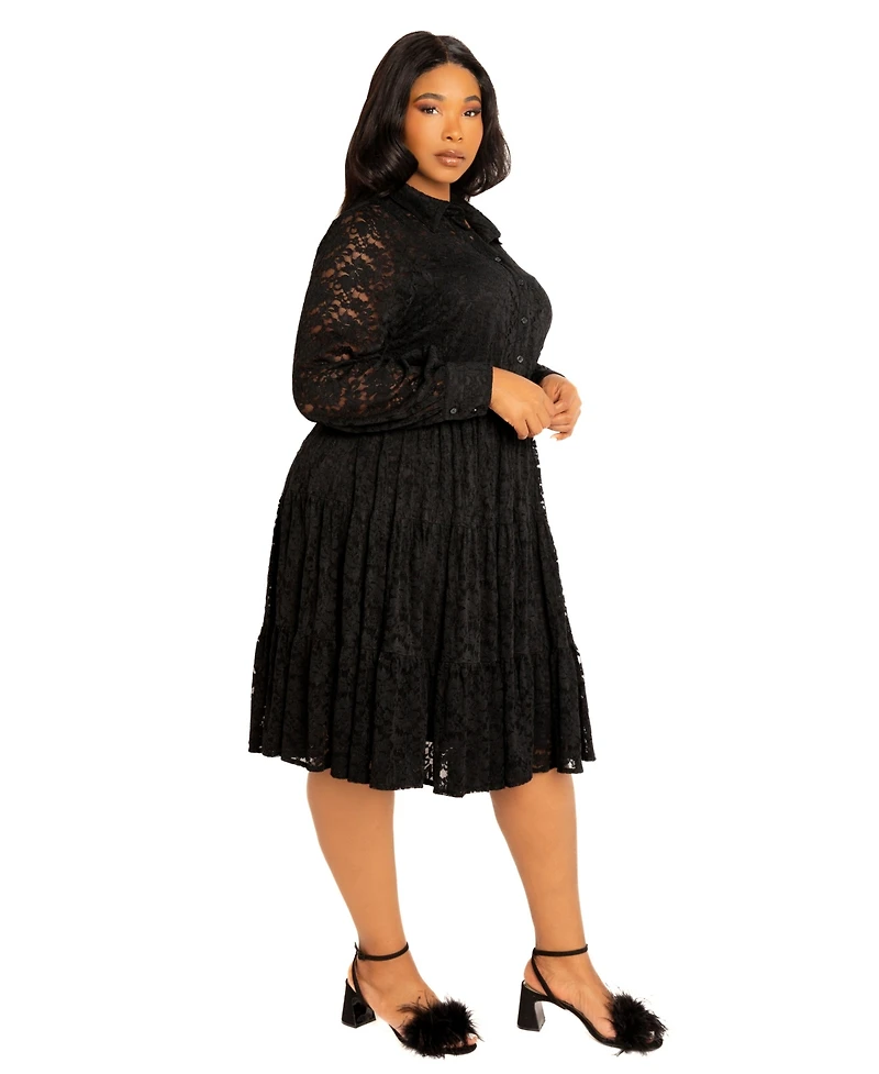 Buxom Couture Women's Plus Lace Long Sleeve Tiered Shirt Dress