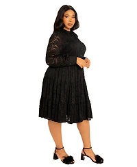 Buxom Couture Women's Plus Lace Long Sleeve Tiered Shirt Dress