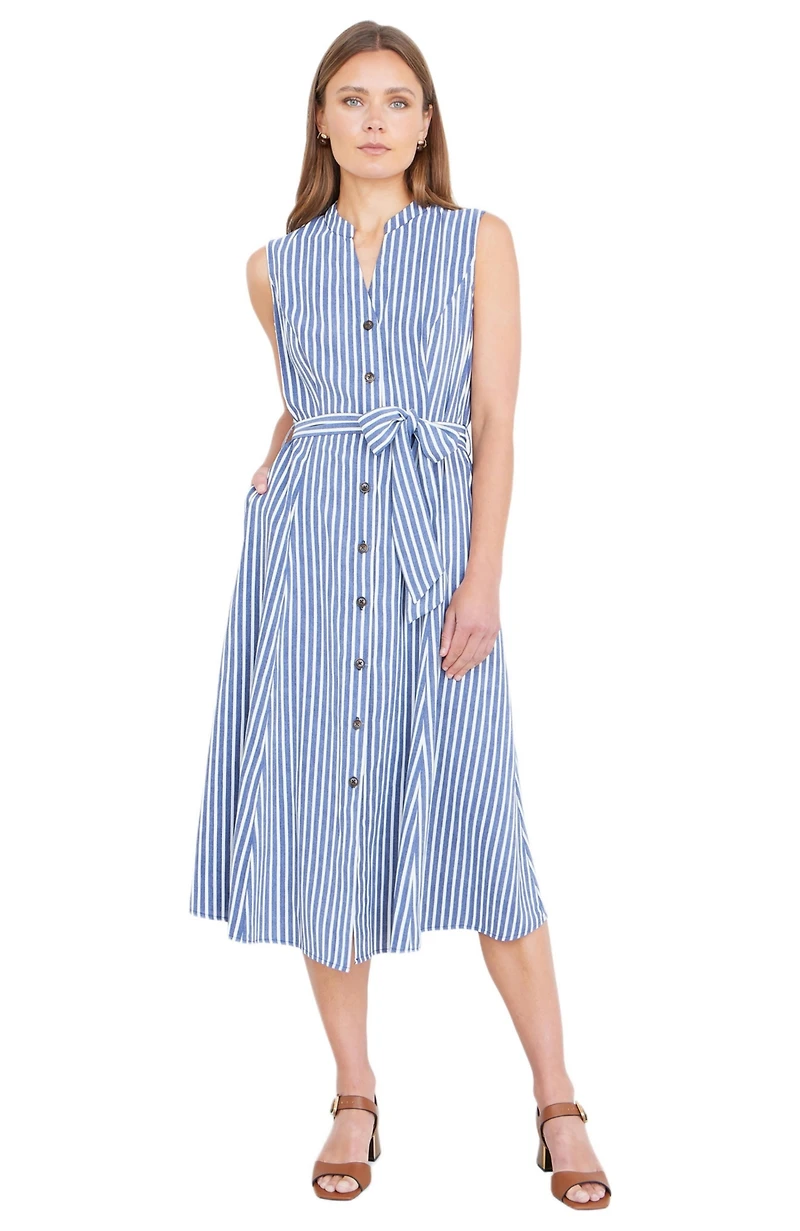 Yumi Women's Stripe Midi Sleeveless Shirt Dress