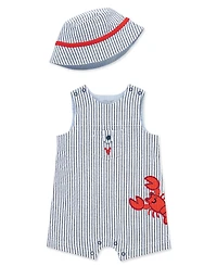 Little Me Baby Boys' Lobster Embroidery Sunsuit and Hat, 2-Piece Set