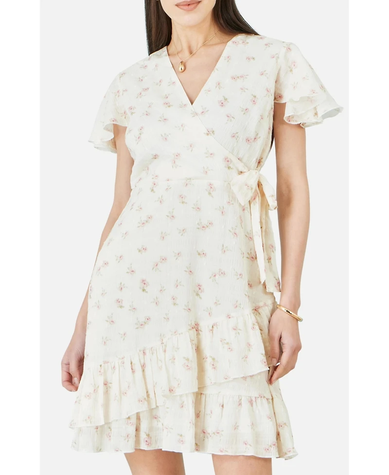 Yumi Women's Rose Print Wrap Over Frill Dress