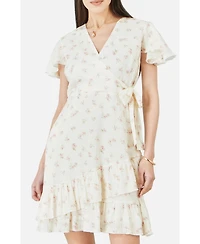 Yumi Women's Rose Print Wrap Over Frill Dress