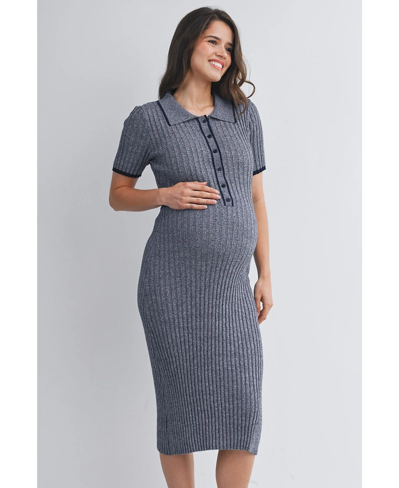 Hello Miz Women's Maternity Collared Ribbed Knit Midi Dress with Button-Front Nursing Access