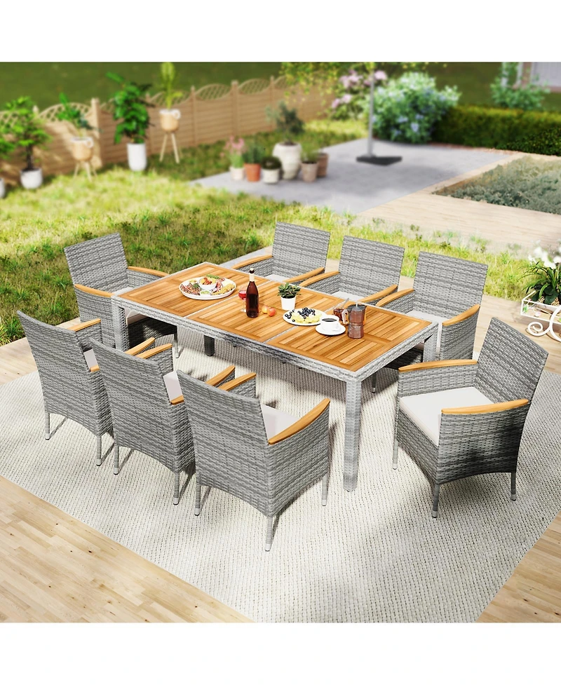 Gymax 9 Pieces Patio Pe Wicker Dining Set Outdoor Acacia Wood Table & Chairs