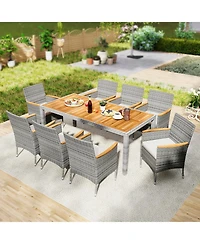 Gymax 9 Pieces Patio Pe Wicker Dining Set Outdoor Acacia Wood Table & Chairs