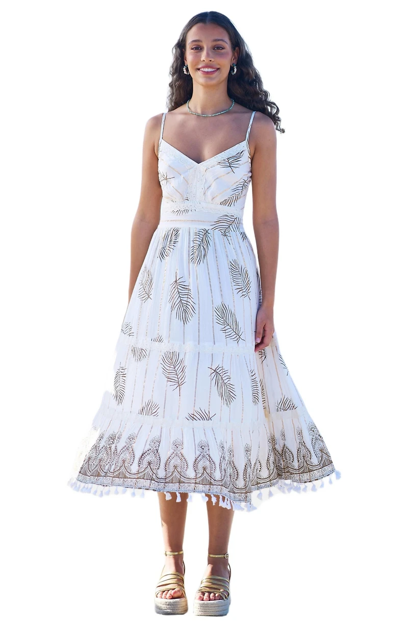 Yumi Women's Foil Print Lace Trim Midi Sun Dress