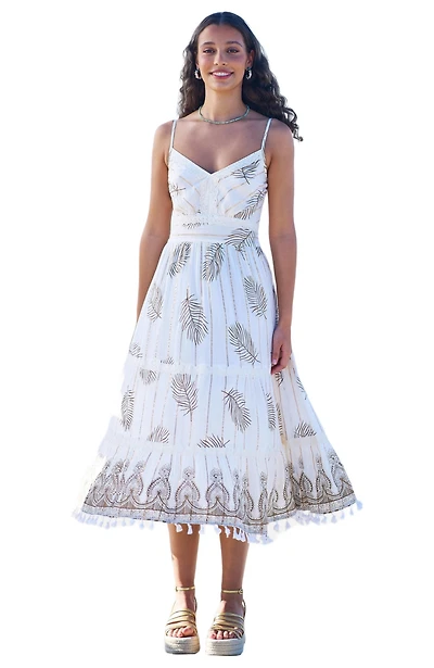 Yumi Women's Foil Print Lace Trim Midi Sun Dress