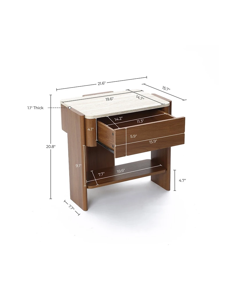 LuxenHome Faux Travertine Nightstand with Drawer and Open Shelf, Mdf Wood Accent Side Table