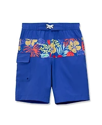 Lands' End Boys Chlorine Resistant Stretch Print Blocked Hydroliner Board Swim Trunks