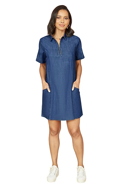 Yumi Women's Cotton Chambray Zip Neckline Dress