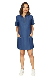 Yumi Women's Cotton Chambray Zip Neckline Dress