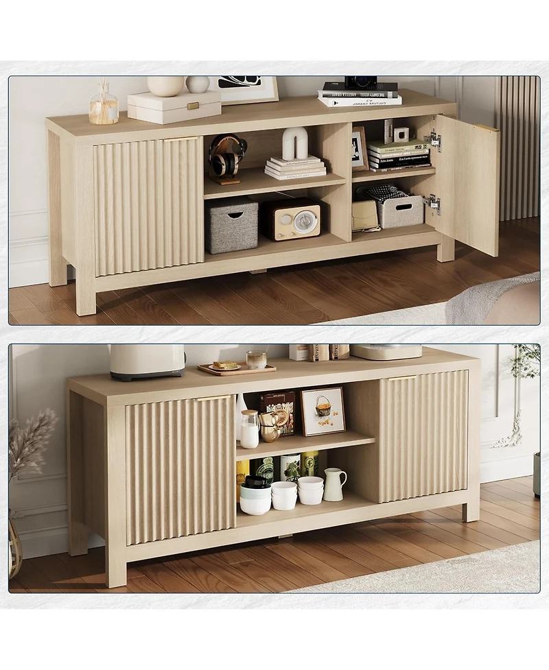 gaomon 65" Fluted Tv Stand - Modern Entertainment Center w/ 2 Storage Cabinets & Open Shelves, Heavy-Duty Console