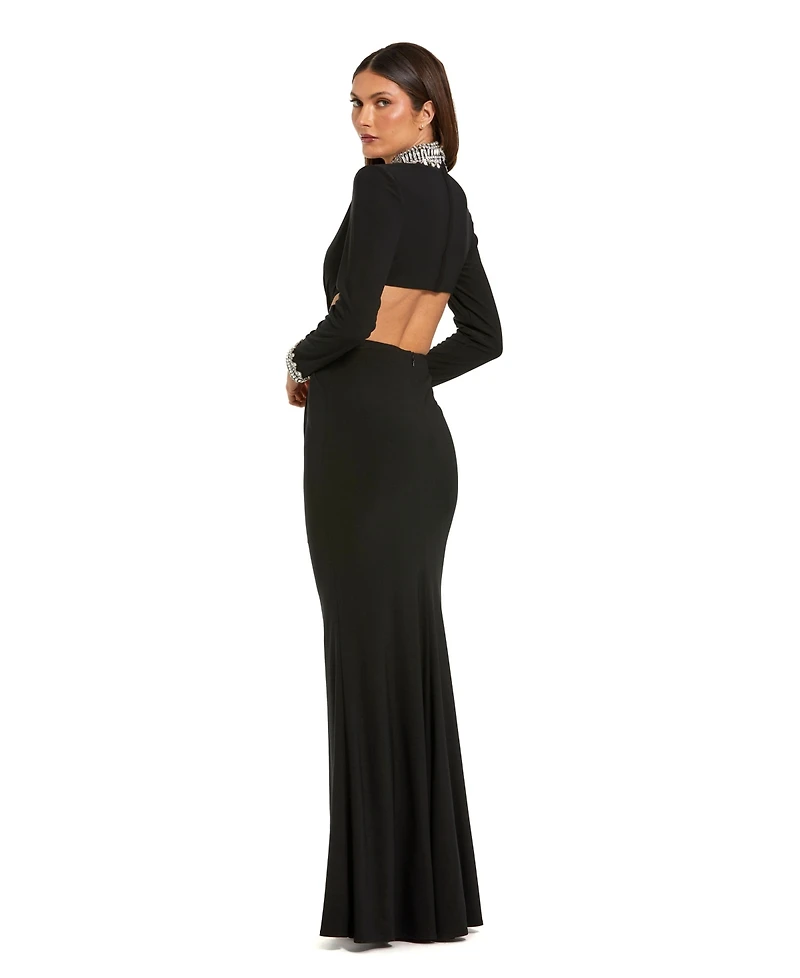 Mac Duggal Women's Embellished Jersey Long Sleeve Cut Out Evening Gown