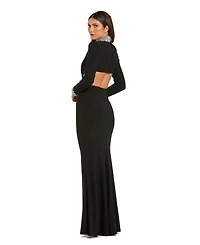 Mac Duggal Women's Embellished Jersey Long Sleeve Cut Out Evening Gown