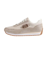 bebe Women's Sneaker with Nylon/Suede Pu Upper and Large Ornament Detail