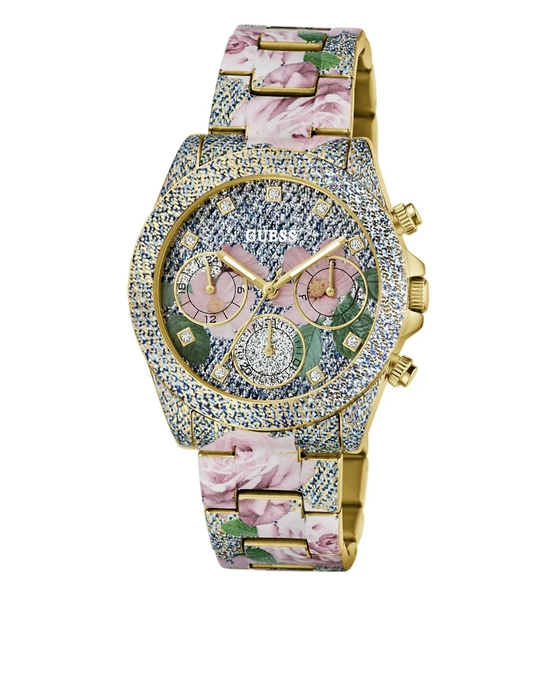 Guess Women's Floral Print Stainless Steel Multi-Function Watch, 38mm